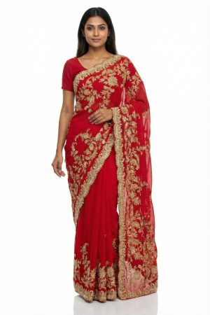 Red and gold georgette saree