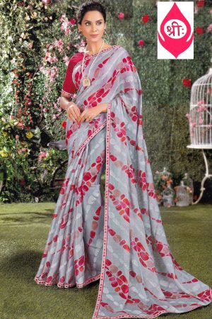 Grey polka dot organza saree