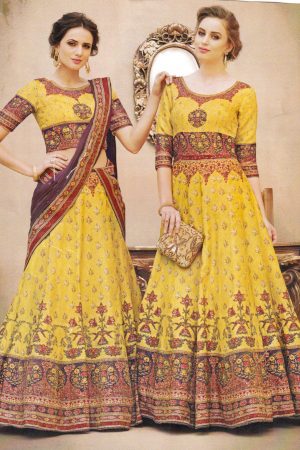 Yellow digital print lengha or gown
