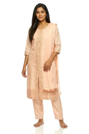 Light peach cotton silk sequinned punjabee
