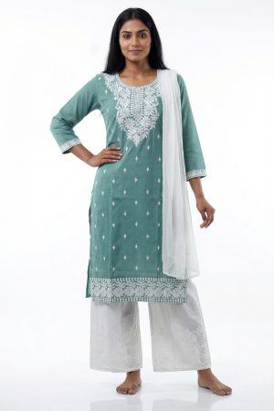 Pale green cotton punjabee with palazzo pants