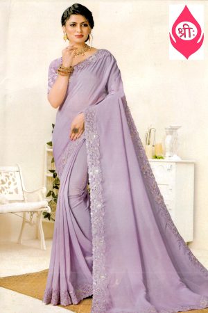 Lavender silky saree with floral border