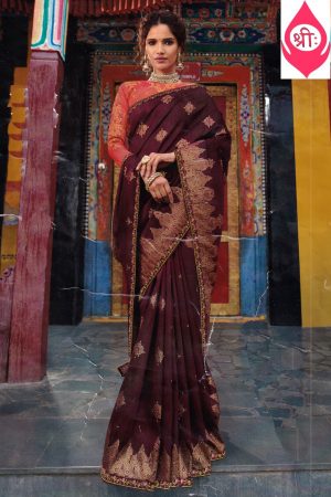 Wine raw silk embroidered saree