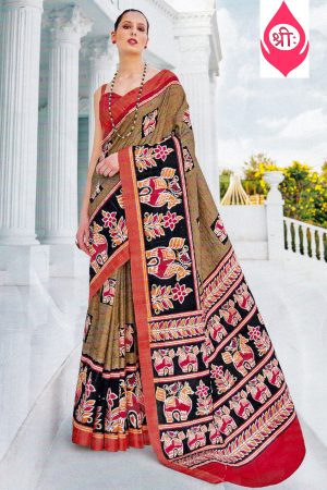 Beige and black silky saree