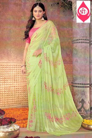 Lime green georgette saree