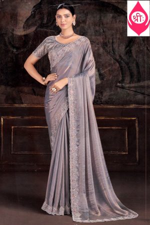 Gold and blue silky embroidered saree