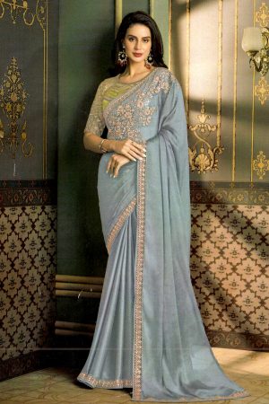 Powder blue embroidered silky saree