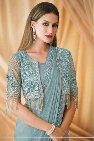 Light blue saree with short waistcoat