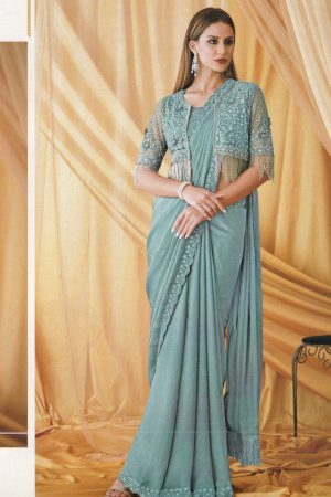 Light blue saree with short waistcoat