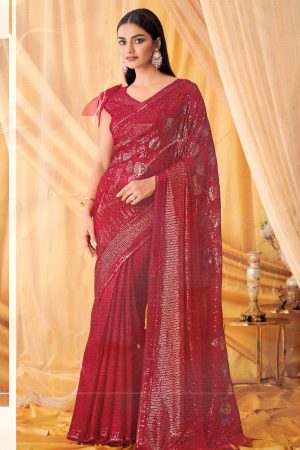 Red sequin saree