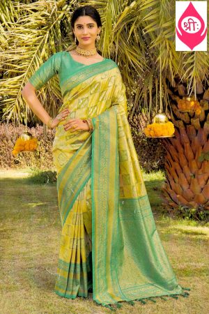 Lime green art silk saree with stonework