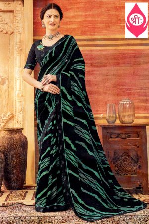 Black & green striped chiffon saree