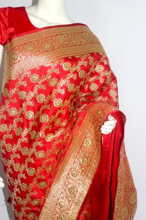 Red and gold satin silk bridal saree