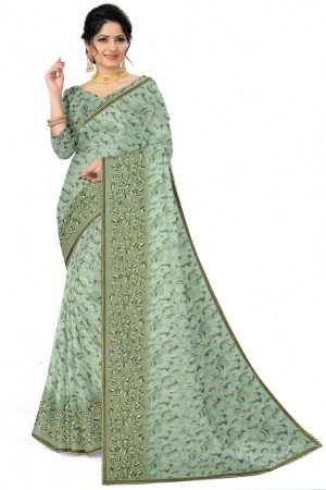 Green shaded chiffon embroidered saree