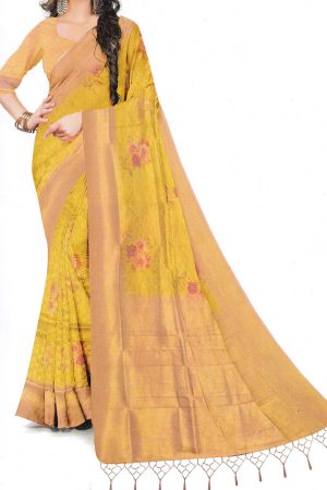 Yellow floral embossed silky saree
