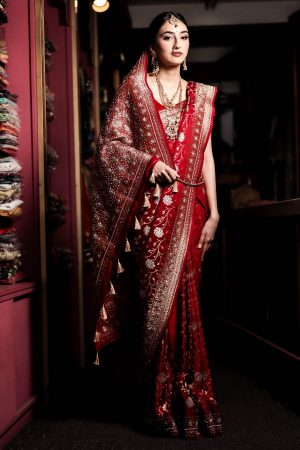 Red bridal saree with zari work