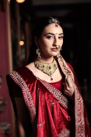 Maroon velvet bridal lengha