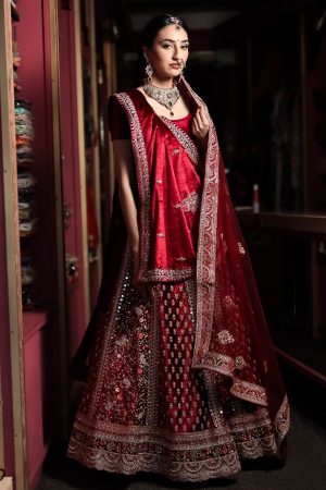 Maroon velvet bridal lengha