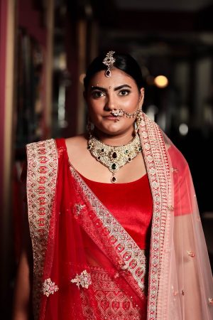 Bright red raw silk bridal lengha