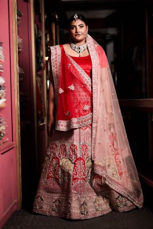 Bright red raw silk bridal lengha