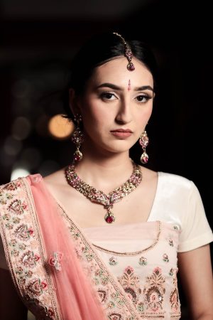 Peach georgette lengha with zari work