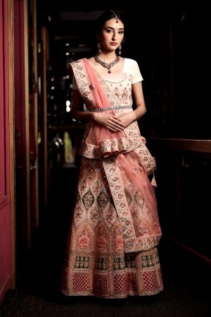 Peach georgette lengha with zari work