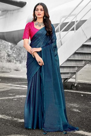 Dark blue silky saree with sequin blouse