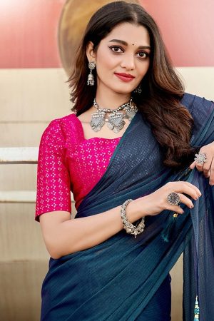 Dark blue silky saree with sequin blouse