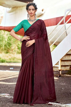 Maroon silky saree with sequin blouse