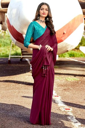 Aubergine silky saree with sequin blouse