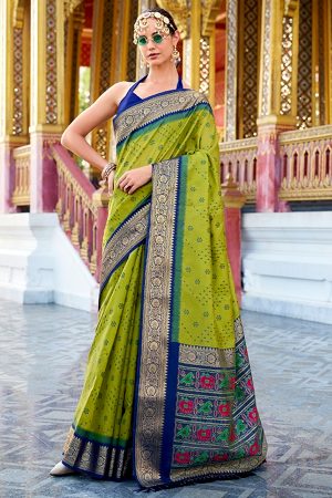 Lime green cotton silk patola saree
