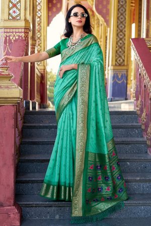 Teal green bhandini cotton silk saree