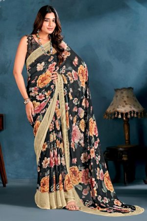 Black floral chiffon saree