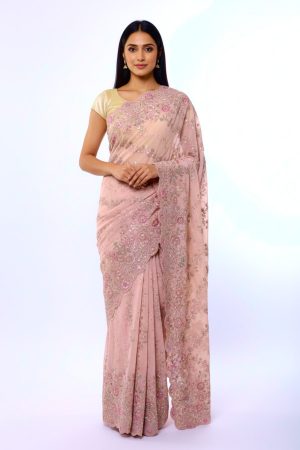 Blush pink georgette embroidered saree