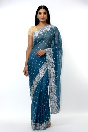 Deep blue silky embroidered saree