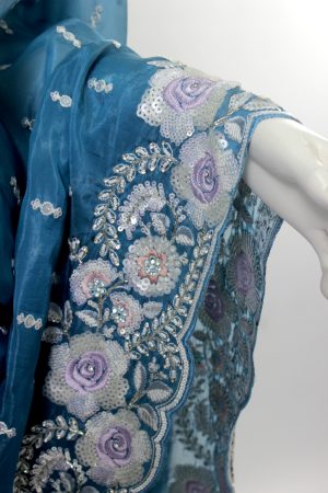 Deep blue silky embroidered saree