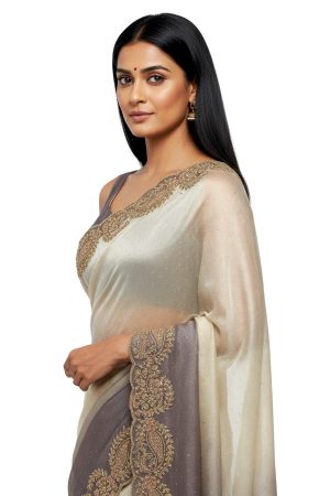 Cream & grey silky stonework saree
