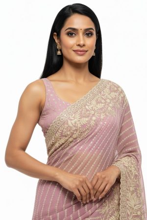 Lilac georgette embroidered saree
