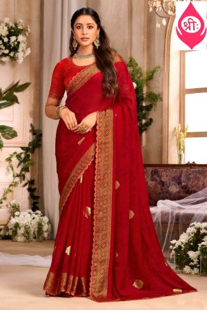 Deep red georgette saree