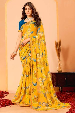 Mustard & blue chiffon saree