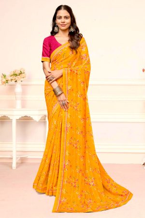 Orange printed chiffon saree