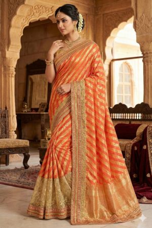 Orange striped net & crepe silk saree