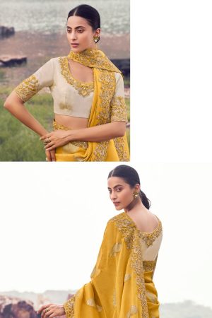 Deep yellow silky embroidered saree