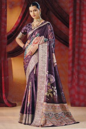 Violet floral crepe silk saree