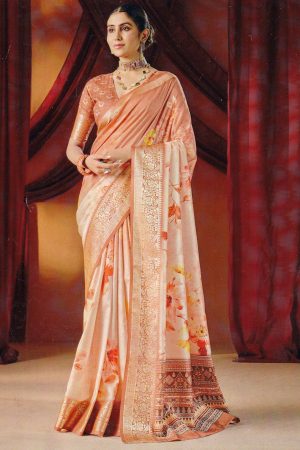 Peach floral crepe silk saree
