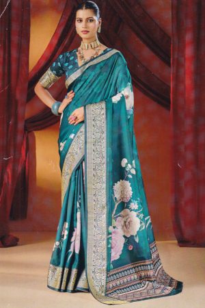 Teal floral crepe silk saree