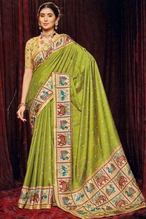 Lime green cotton silk saree