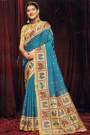 Blue cotton silk saree