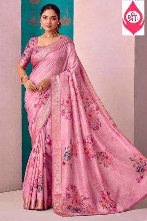 Pink floral crepe saree