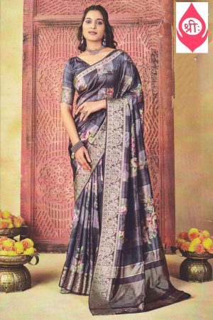 Violet floral crepe saree